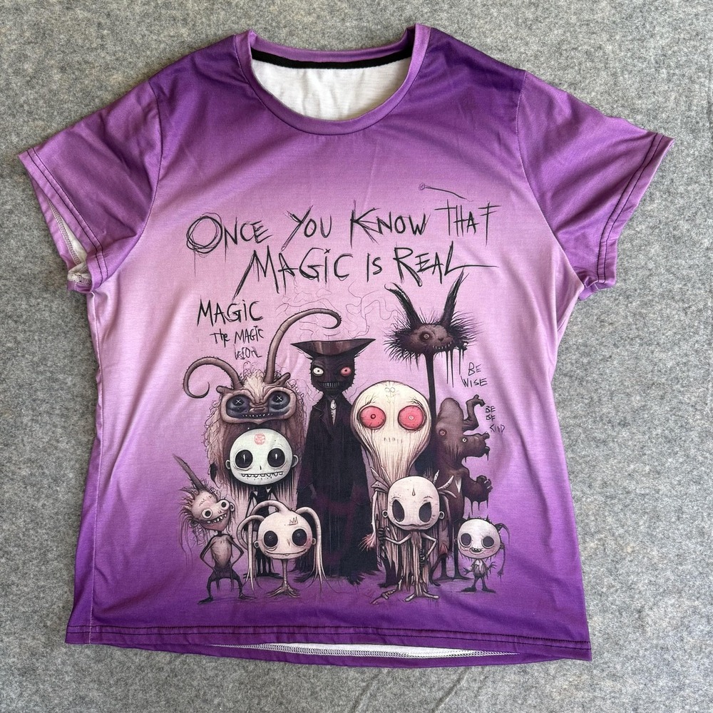 Once You Know Magic Is Real Shirt Women's L‎ Purple Gothic Monster Graphic Tee